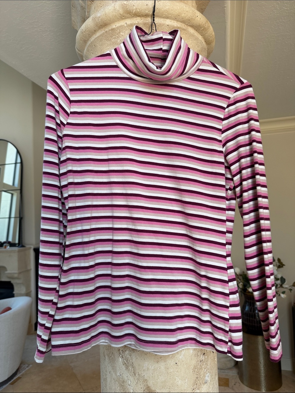 Time and Tru Pink & White Striped Turtleneck Long Sleeve Top Pink, White, Plum